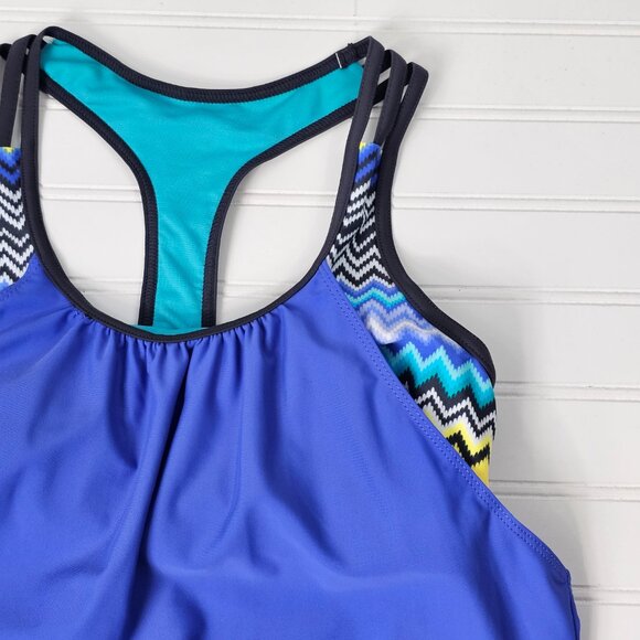 Women's Blue Layered Multicolor Striped Boy Short Racerback Tankini Set Size S - Picture 6 of 14